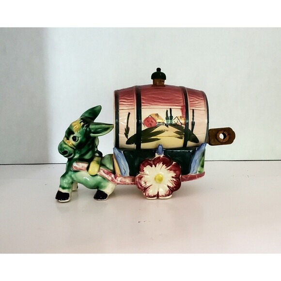 Vintage Donkey Pulling Wagon Barrel Ceramic Decanter Made In Japan - Picture 1 of 6